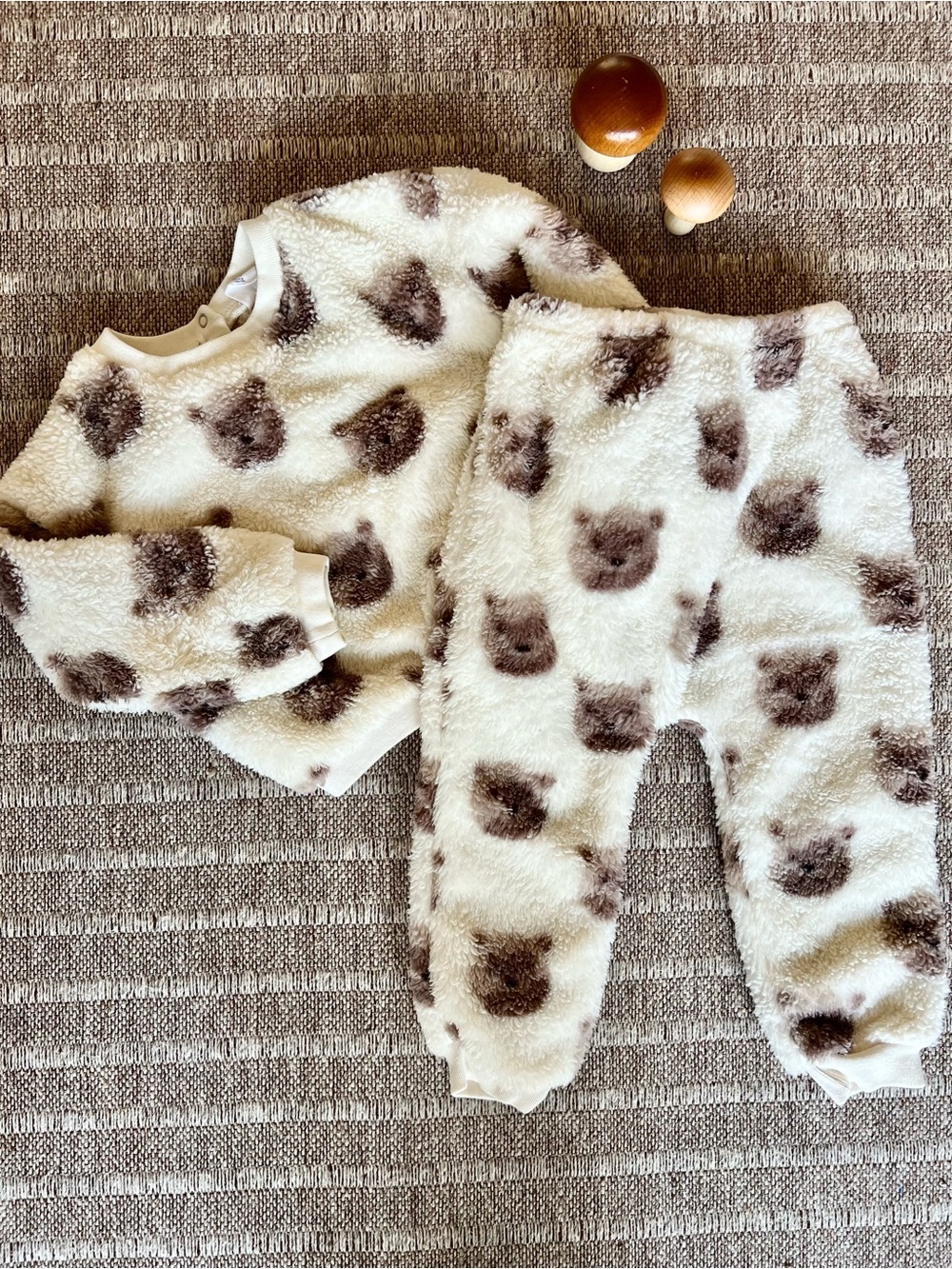 GAP Plush Teddy Print Pajama Set - Cream and Brown